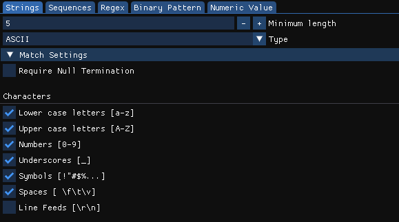 Strings search options