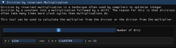 Division of a value by the constant 1234 being turned into a more efficient multiplication followed by a shift operation